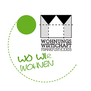 Logo Wohnungs-Wirtschaft: Symbol, Schriftzug WO WIR WOHNEN, grüner Punkt, Kreis. Footer.
